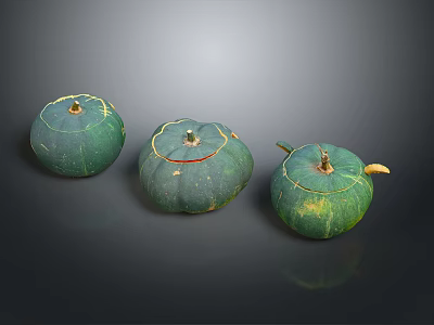 Three Green Pumpkins with Fresh Stems Smooth Surfaces and Natural Texture on Dark Background 3d model