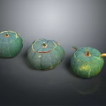 Three Green Pumpkins with Fresh Stems Smooth Surfaces and Natural Texture on Dark Background