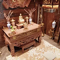 Traditional Buddhist Shrine Interior with Wooden Carvings Hanging Lantern and Prayer Mats for Religious Worship