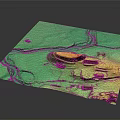 Detailed Green Terrain Model With Yellow Textured Areas And Square Display Structure