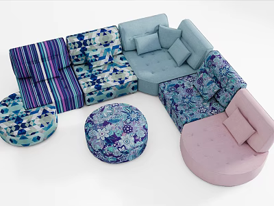 Vibrant Multi Pattern Sofa and Coffee Table Set with Floral Striped and Round Ottoman 3d model
