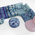 Vibrant Multi Pattern Sofa and Coffee Table Set with Floral Striped and Round Ottoman