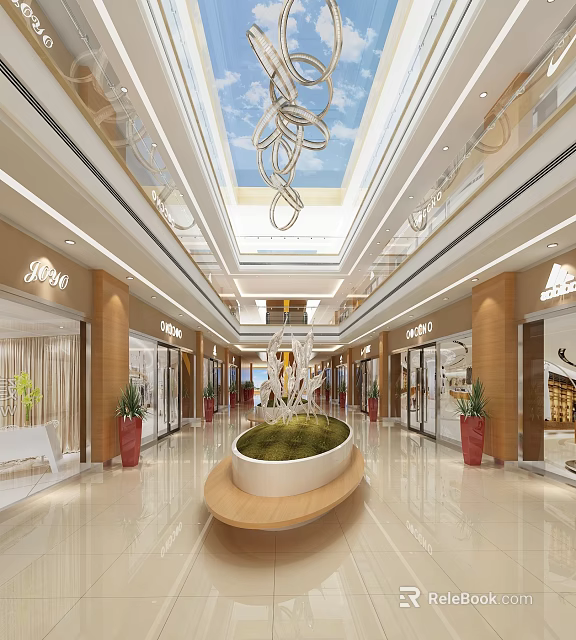 Luxurious Shopping Mall Lobby with Chandelier Green Plants and Shiny Marble Floors 3d model 