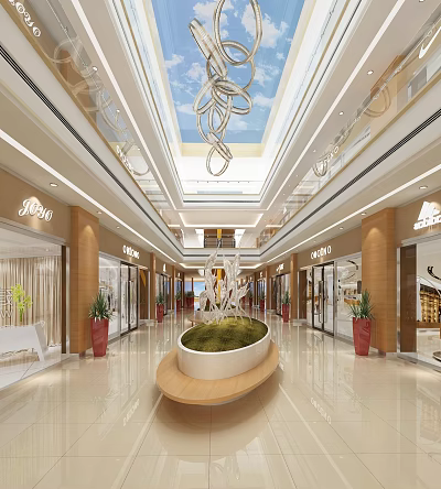 Luxurious Shopping Mall Lobby with Chandelier Green Plants and Shiny Marble Floors 3d model
