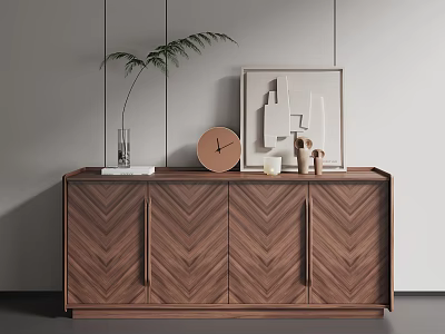 Minimalist Entryway Side Cabinet In Walnut Wood With Chevron Design And Decorative Vase Clock Artwork 3d model