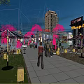 Scenic Night Pedestrian Street With Bright Lighting Shop Signs Pedestrians Trees and Outdoor Seating