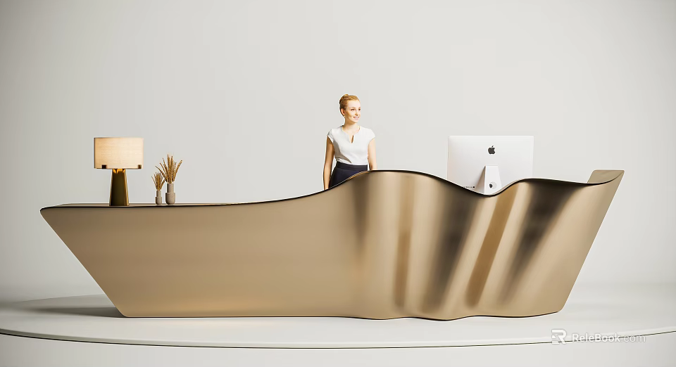 Modern Curved Gold Reception Desk With Table Lamp Dried Flowers And Apple iMac 3d model 