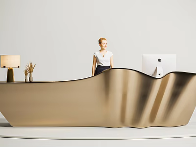 Modern Curved Gold Reception Desk With Table Lamp Dried Flowers And Apple iMac 3d model
