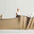 Modern Curved Gold Reception Desk With Table Lamp Dried Flowers And Apple iMac