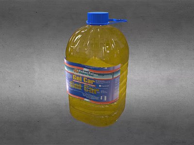 Large Yellow Condiment Bottle With Blue Cap And Label On Gray Background 3d model