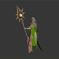 Fantasy Female Character In Green Cape With Glowing Star Staff And Golden Outfit