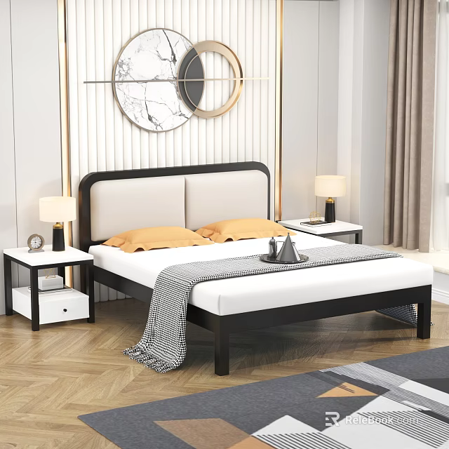 Modern Double Bed With Black White Headboard Yellow Pillows Nightstands And Decorative Mirrors 3d model 