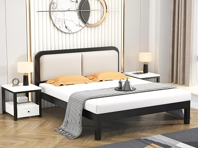 Modern Double Bed With Black White Headboard Yellow Pillows Nightstands And Decorative Mirrors 3d model