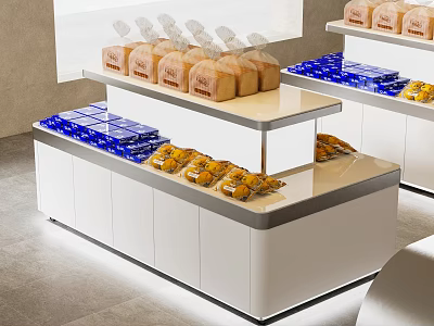 Fresh Bread And Packaged Pastries On Bakery Display Shelves With White Counters 3d model