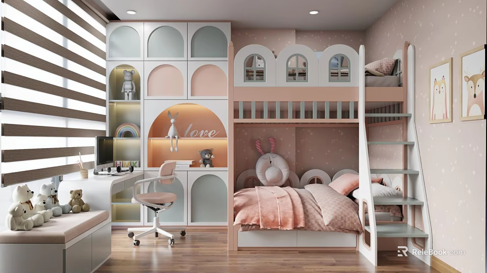 Playful Pink Kids Room Interior With Bunk Bed Desk And Arched Storage Design 3d model 