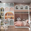 Playful Pink Kids Room Interior With Bunk Bed Desk And Arched Storage Design