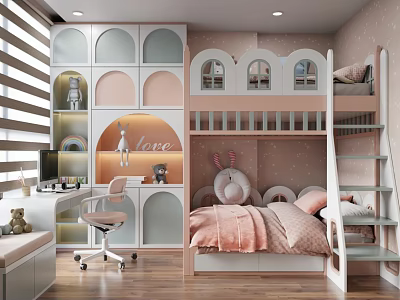 Playful Pink Kids Room Interior With Bunk Bed Desk And Arched Storage Design 3d model