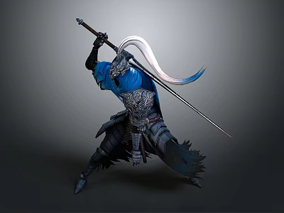 Mythical Warrior Character In Blue Armor Wielding Long Sword With White Tassel 3d model