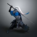 Mythical Warrior Character In Blue Armor Wielding Long Sword With White Tassel