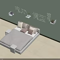 Double Bed 3D Model With Light Gray Bedding White Headboard Wall Shelves And Side Tables