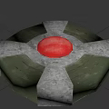 Circular Weapon Device Featuring Green Base Red Sphere And Gray Structural Components 3d model
