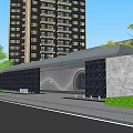 Modern Black Entrance Gate With Circular Design Tall Building And Green Trees