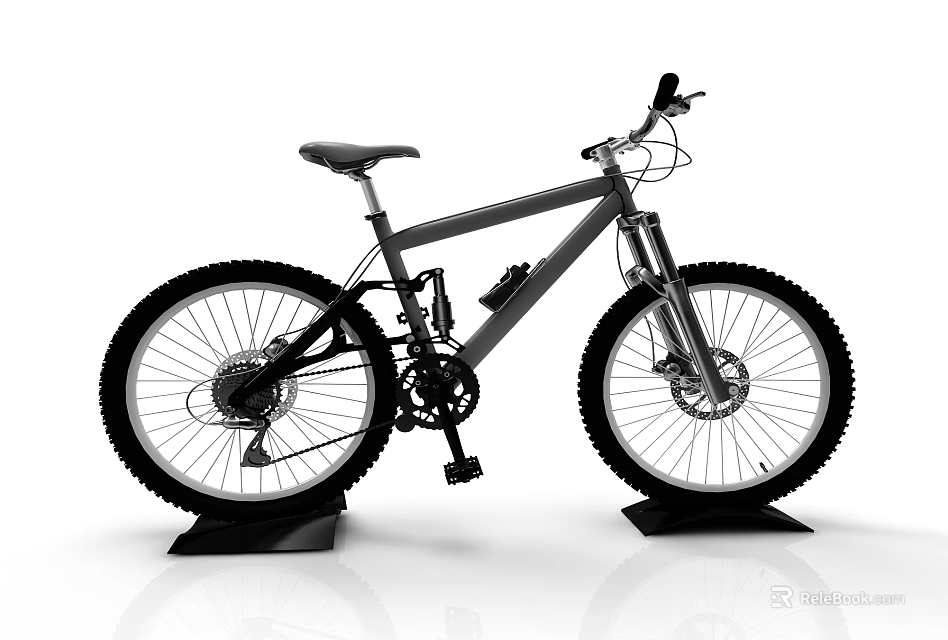 Mountain Bike with Silver Frame Black Tires Seat and Stand on White Reflective Floor Background 3d model 