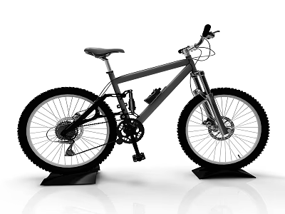 Mountain Bike with Silver Frame Black Tires Seat and Stand on White Reflective Floor Background 3d model