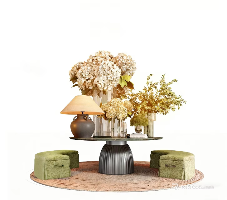 Cozy Round Table with Green Stools Lamp and Flower Vases 3d model 