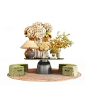 Cozy Round Table with Green Stools Lamp and Flower Vases