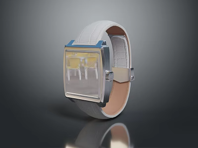 Stylish White Strap Watch with Square Dial Transparent Case and Yellow Details 3d model