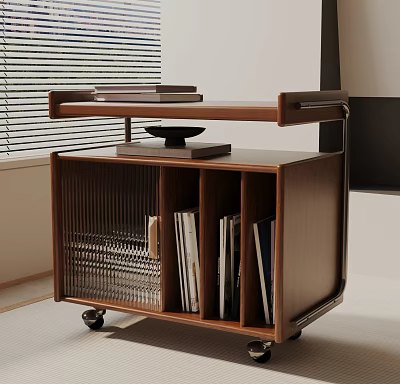 Modern Wooden Side Table With Caster Wheels Storage Compartments Tray And Decorative Bowl 3d model