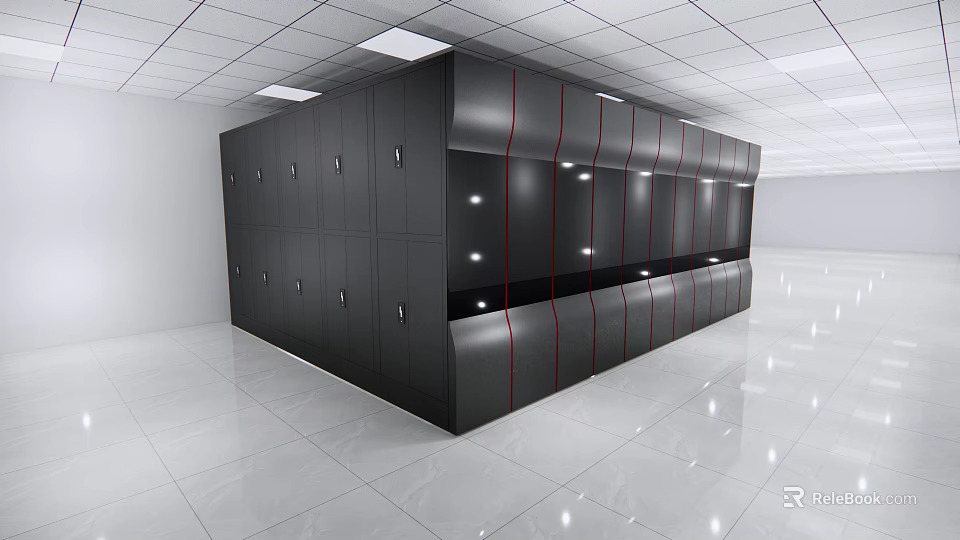 Modern Black Display Shelves With Multiple Doors And LED Lighting In Commercial Space 3d model 