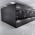 Modern Black Display Shelves With Multiple Doors And LED Lighting In Commercial Space