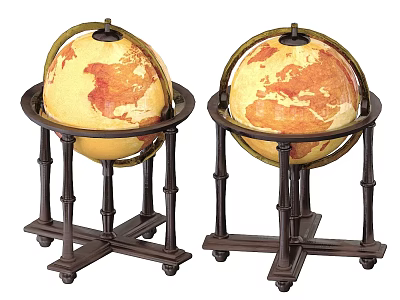 Decorative Globe Ornament Set With Two Vintage Globes On Black Bamboo Style Stands 3d model