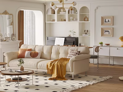 Cozy Modern Living Room Interior With Beige Sofa Decorative Pillows Throw Blanket And Gold Chandelier 3d model