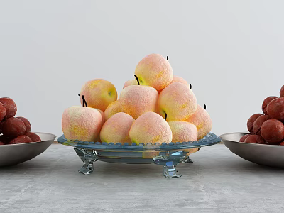 Fresh Pink and Yellow Peaches Pile in Glass Plate with Red Fruits in Metal Bowls 3d model