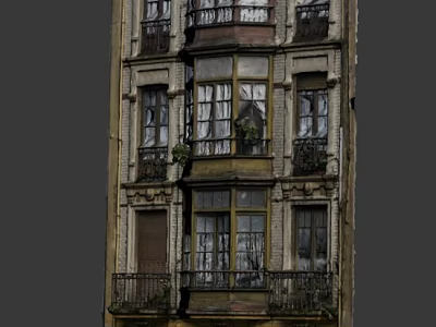Cartoon Scene of Old European Building with Multiple Windows Iron Railings and Potted Plants 3d model