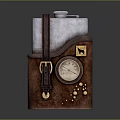 Vintage Leather Flask With Silver Metal Body Decorative Clock Face And Rivet Accents