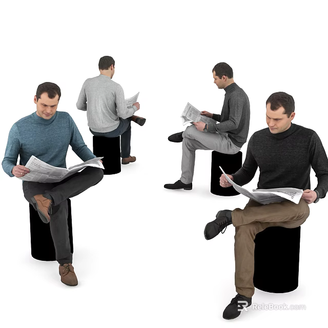 Multiple Men Casually Reading Newspapers While Sitting on Black Stools 3d model 