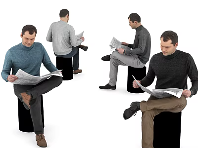 Multiple Men Casually Reading Newspapers While Sitting on Black Stools 3d model