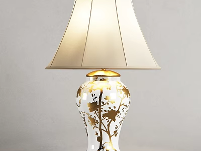 Elegant White and Gold Table Lamp with Floral Patterns and Beige Fabric Shade 3d model