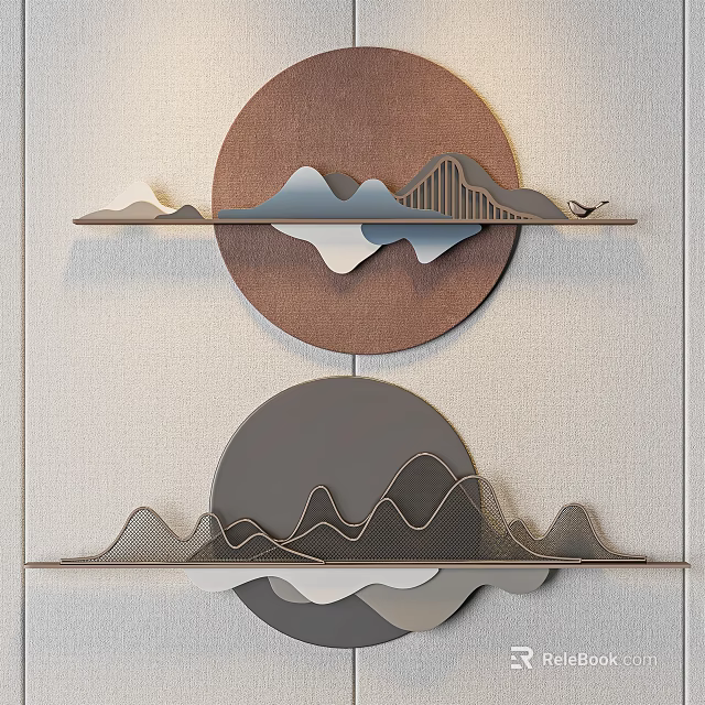 Modern Wall Decor with Circular Mountain Patterns and Stylish Floating Shelves 3d model