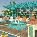Turquoise Carved Pergola With Colorful Cushions And Green Plants In Outdoor Space