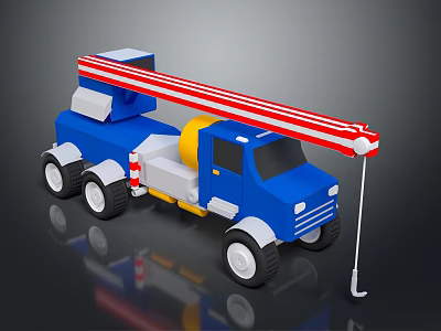 Blue Truck With Red And White Striped Long Crane Arm And Black Wheels 3d model
