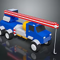 Blue Truck With Red And White Striped Long Crane Arm And Black Wheels