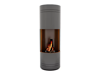 Modern Cylindrical Fireplace With Gray Design Transparent Glass And Burning Flames 3d model