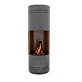 Modern Cylindrical Fireplace With Gray Design Transparent Glass And Burning Flames