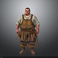 3D Fat Man Character In Suspenders White Shirt With Tool Belt Guns And Gray Background