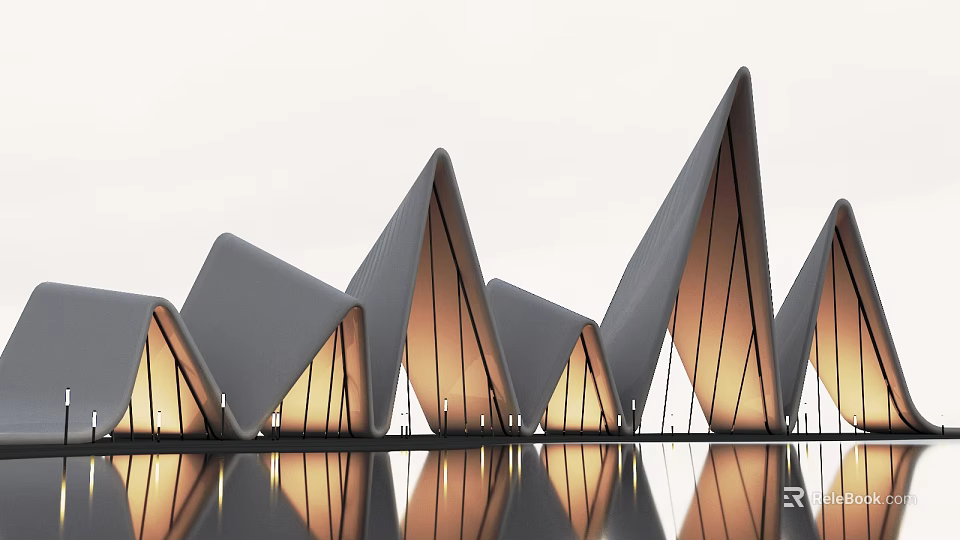 Modern Architectural Design With Triangular Roofs Warm Lighting And Water Reflections 3d model 